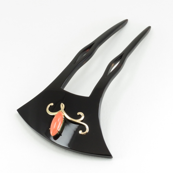 鼈甲 簪 桃珊瑚 K18 金工飾 唐草模様 山型 かんざし べっ甲 本鼈甲 髪飾り A101 - 画像 (5)