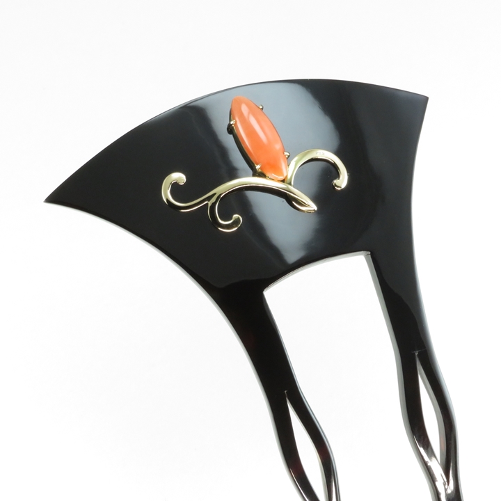 鼈甲 簪 桃珊瑚 K18 金工飾 唐草模様 山型 かんざし べっ甲 本鼈甲 髪飾り A101 - 画像 (2)