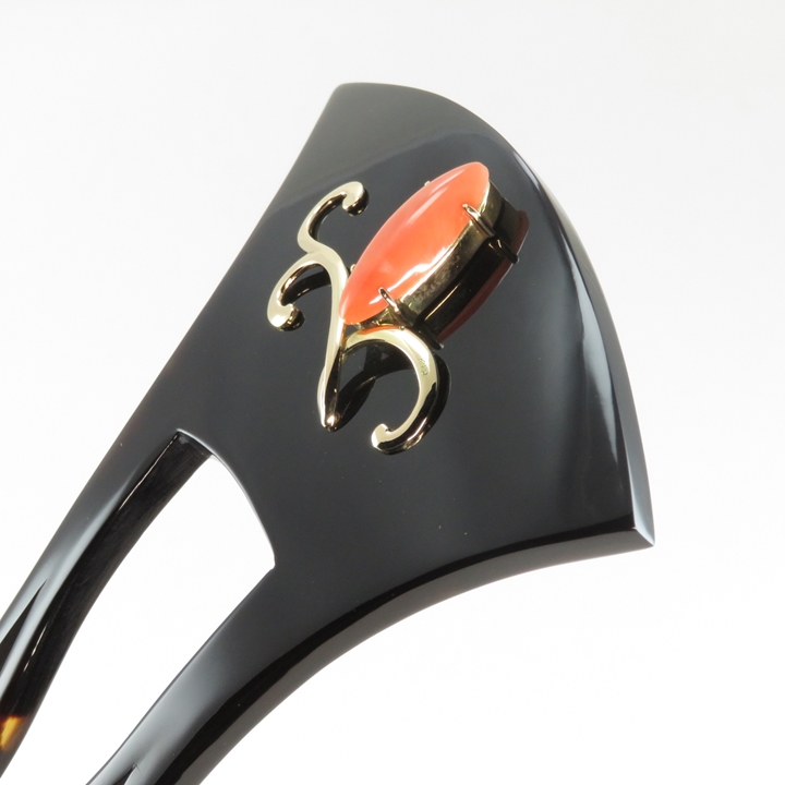 鼈甲 簪 桃珊瑚 K18 金工飾 唐草模様 山型 かんざし べっ甲 本鼈甲 髪飾り A101 - 画像 (4)