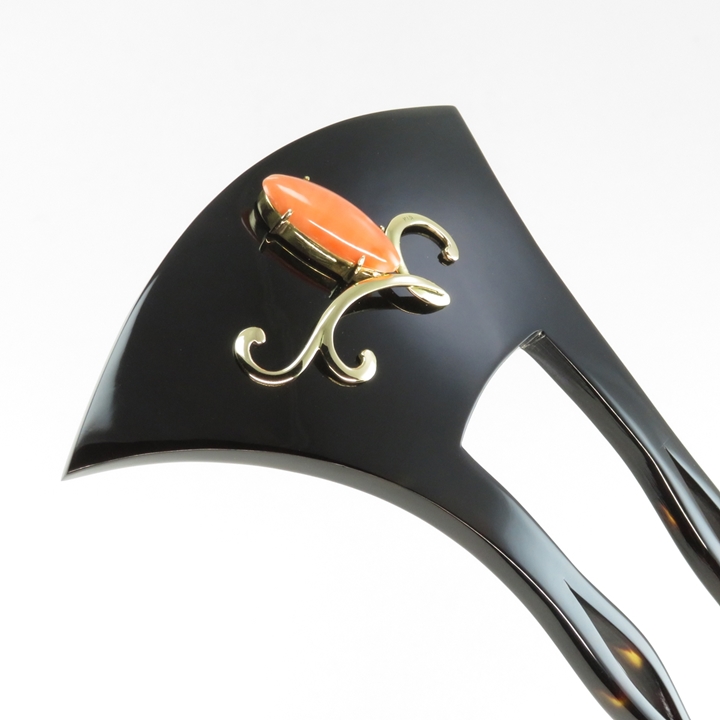 鼈甲 簪 桃珊瑚 K18 金工飾 唐草模様 山型 かんざし べっ甲 本鼈甲 髪飾り A101 - 画像 (3)