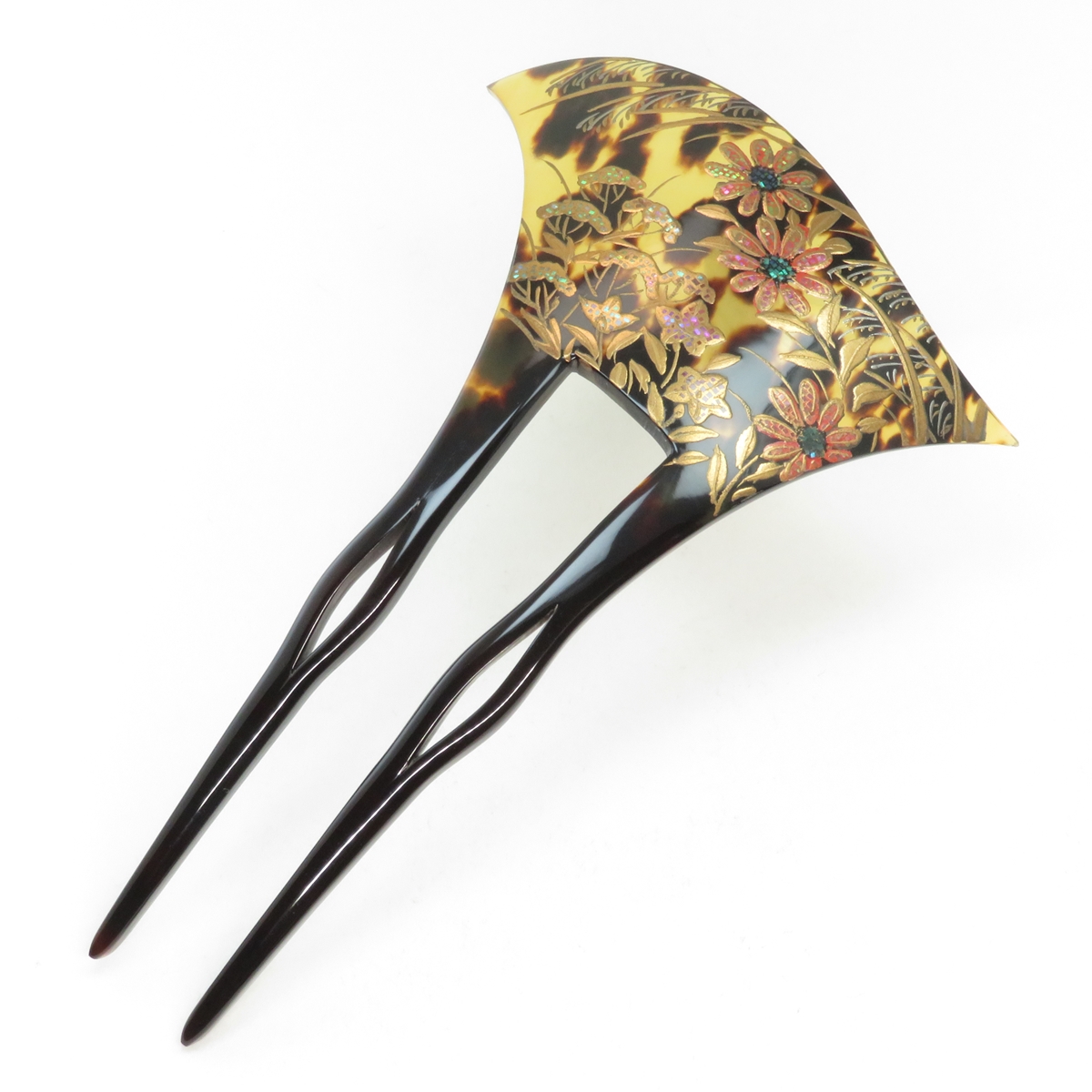 鼈甲(茨布) 簪 螺鈿蒔絵 芒菊桔梗女郎花模様 かんざし べっ甲 本鼈甲 髪飾り A6【特選】