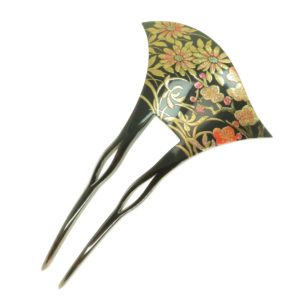 黒鼈甲 簪 螺鈿蒔絵(両面仕上げ) 菊梅春蘭模様 かんざし べっ甲 本鼈甲 髪飾り A5【特選】